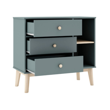 Commode 2 tiroirs 2 niches en pin massif et MDF laqué kaki et naturel - KAINEN