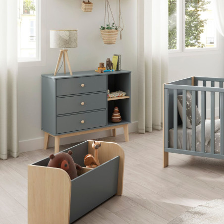 Commode 2 tiroirs 2 niches en pin massif et MDF laqué kaki et naturel - KAINEN