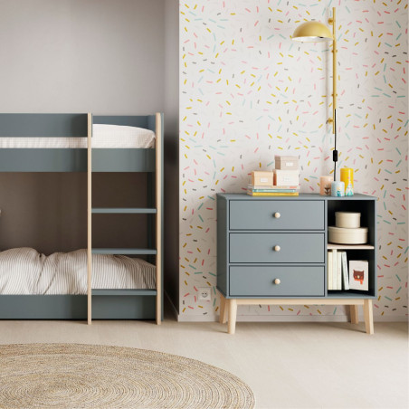 Commode 2 tiroirs 2 niches en pin massif et MDF laqué kaki et naturel - KAINEN