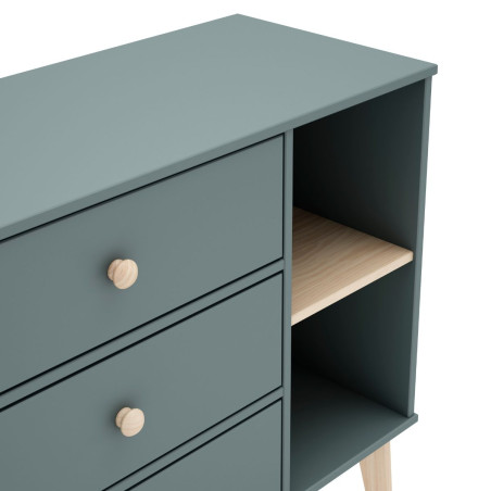 Commode 2 tiroirs 2 niches en pin massif et MDF laqué kaki et naturel - KAINEN