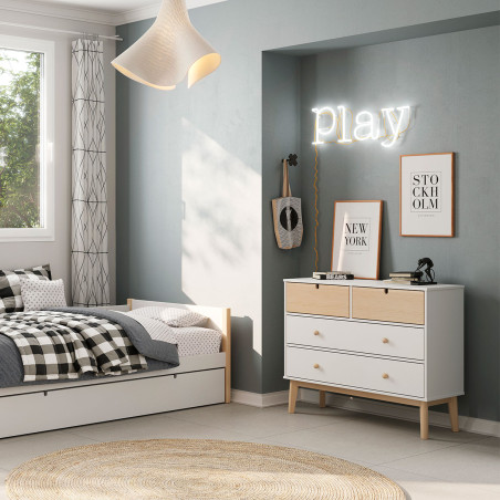Commode 4 tiroirs MDF et pin blanc et naturel - KAINEN