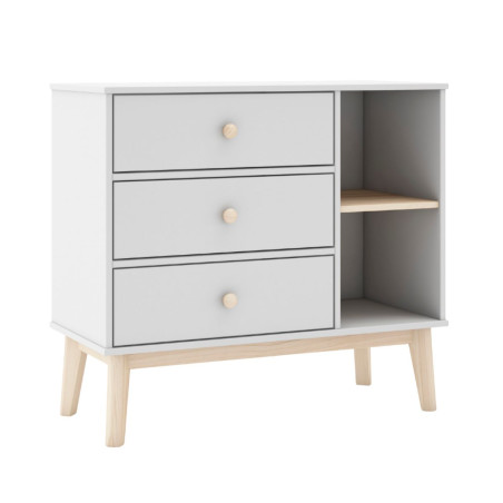 Commode 2 tiroirs 2 niches en pin massif et MDF laqué blanc et naturel - KAINEN