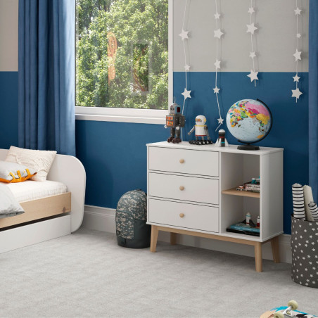 Commode 2 tiroirs 2 niches en pin massif et MDF laqué blanc et naturel - KAINEN