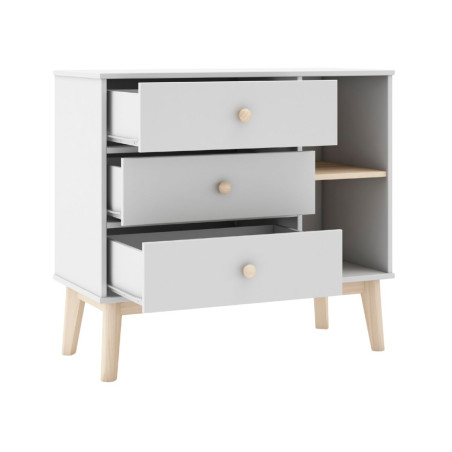 Commode 2 tiroirs 2 niches en pin massif et MDF laqué blanc et naturel - KAINEN