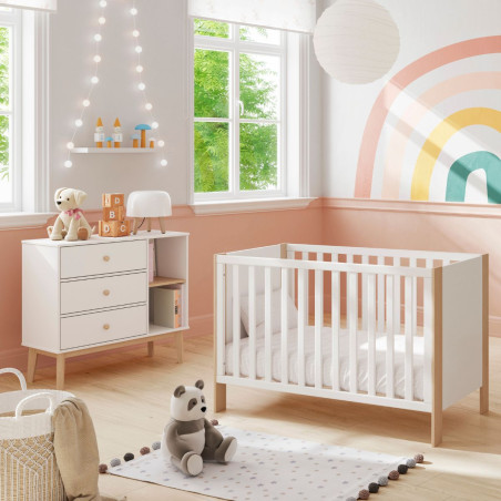 Commode 2 tiroirs 2 niches en pin massif et MDF laqué blanc et naturel - KAINEN