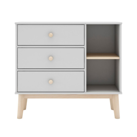 Commode 2 tiroirs 2 niches en pin massif et MDF laqué blanc et naturel - KAINEN