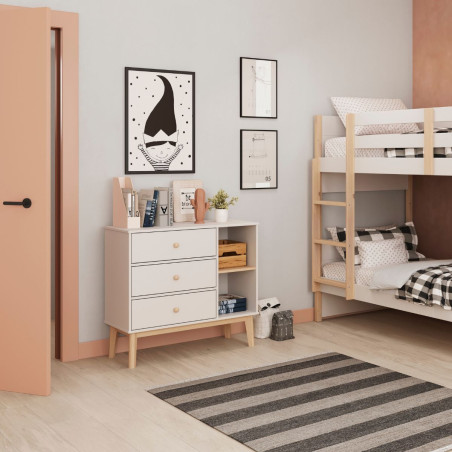 Commode 2 tiroirs 2 niches en pin massif et MDF laqué blanc et naturel - KAINEN