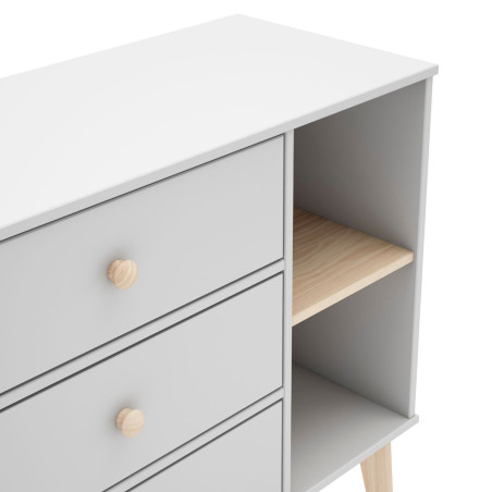 Commode 2 tiroirs 2 niches en pin massif et MDF laqué blanc et naturel - KAINEN