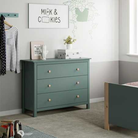 Commode 3 tiroirs en pin massif vert pétrole - DIVA