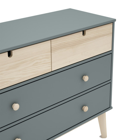 Commode 4 tiroirs MDF et pin coloris gris vert et naturel - KAINEN