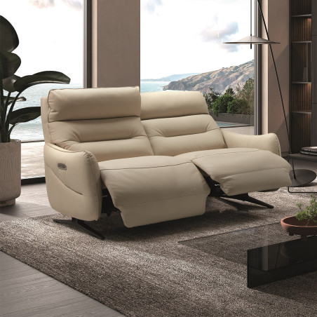 Canapé relax électrique 3 places cuir beige pieds métal - LISIA