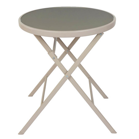 Table pliante de jardin ronde beige en métal et verre trempé - SOHIA