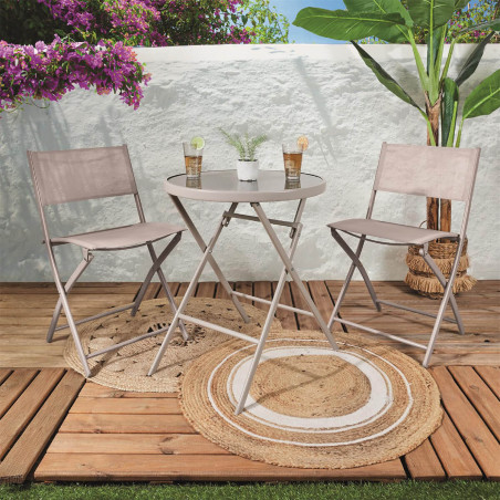 Table pliante de jardin ronde beige en métal et verre trempé - SOHIA