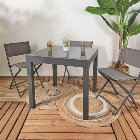 Table allongeable de jardin grise en métal, plateau verre trempé - AYDIA