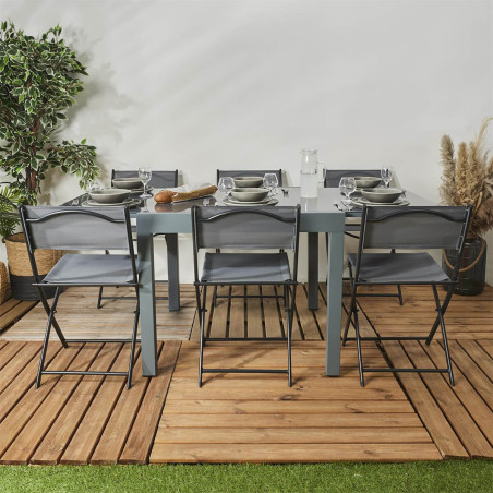 Table allongeable de jardin grise en métal, plateau verre trempé - AYDIA