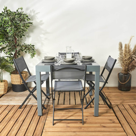 Table allongeable de jardin grise en métal, plateau verre trempé - AYDIA