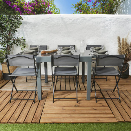 Table allongeable de jardin grise en métal, plateau verre trempé - AYDIA