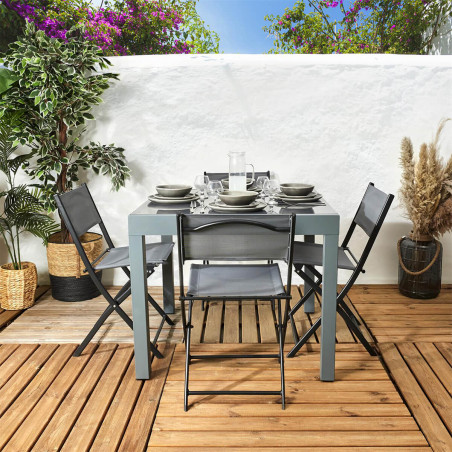 Table allongeable de jardin grise en métal, plateau verre trempé - AYDIA
