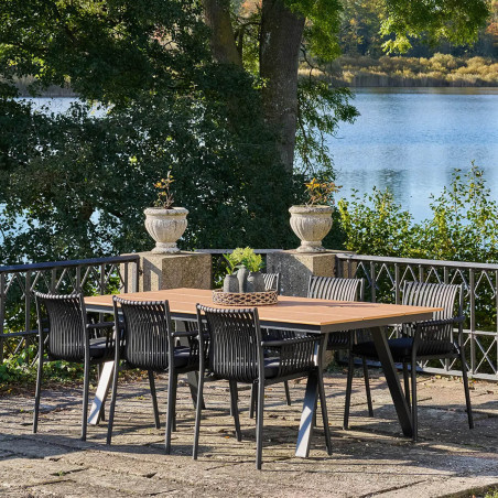 Table jardin plateau en PE aspect bois naturel, pieds aluminium noir - CLIFIRA
