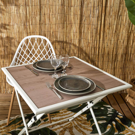 Table Pliante de Jardin Carrée en métal et verre décor imitation bois - HANEA