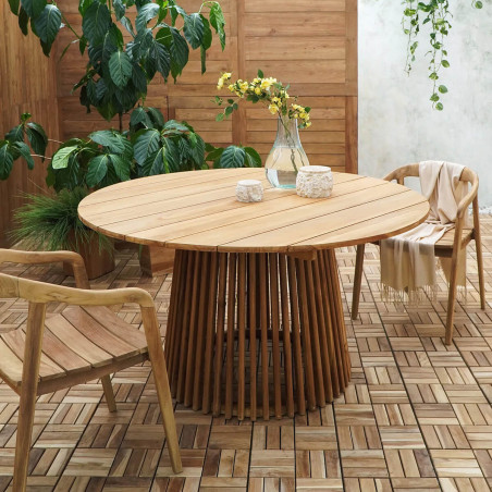 Table repas de jardin Ø120 cm en teck massif, pied central ajouré - LIRIRA