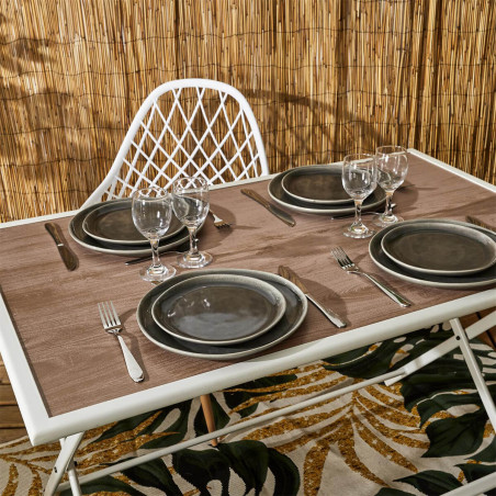 Table pliante de jardin en métal et verre décor imitation bois - HANEA