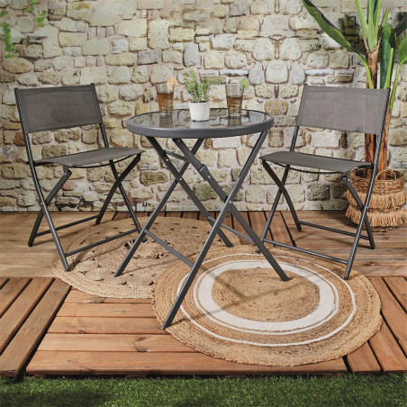 Table pliante de jardin ronde grise en métal et verre trempé - SOHIA