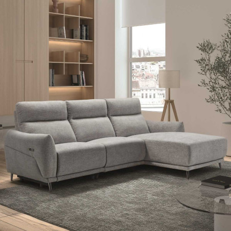 Canapé 3 places relax élec méridienne droite tissu chiné gris clair - SANTIAGOR