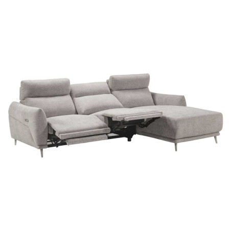 Canapé 3 places relax élec méridienne droite tissu chiné gris clair - SANTIAGOR