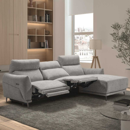 Canapé 3 places relax élec méridienne droite tissu chiné gris clair - SANTIAGOR