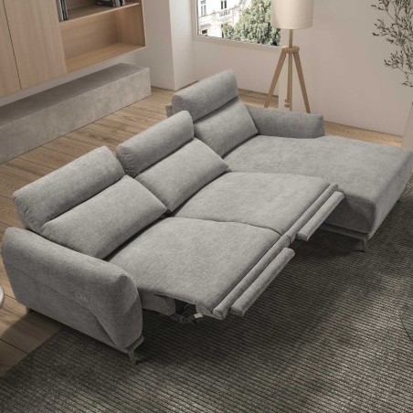 Canapé 3 places relax élec méridienne droite tissu chiné gris clair - SANTIAGOR