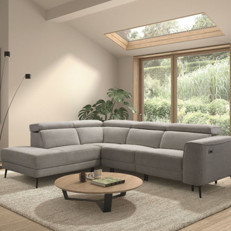 Canapé d'angle gauche 2 places relax électrique tissu gris - BAMAKOR