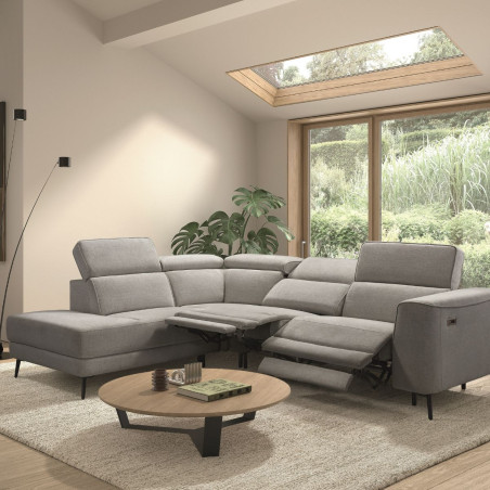 Canapé d'angle gauche 2 places relax électrique tissu gris - BAMAKOR