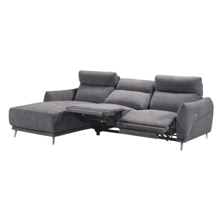 Canapé 3 places relax élec méridienne gauche tissu chiné bleu-gris - SANTIAGOR