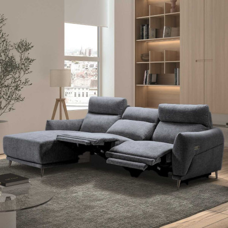 Canapé 3 places relax élec méridienne gauche tissu chiné bleu-gris - SANTIAGOR