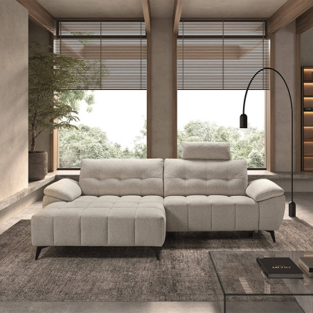 Canapé relax méridienne gauche, têtières réglables, tissu Bubble beige - VILIRA