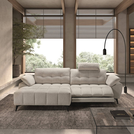Canapé relax méridienne gauche, têtières réglables, tissu Bubble beige - VILIRA