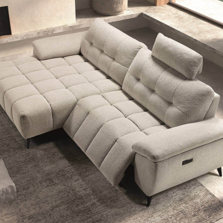 Canapé relax méridienne gauche, têtières réglables, tissu Bubble beige - VILIRA