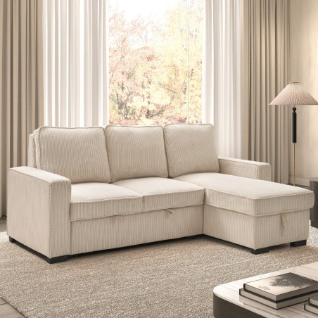 Canapé d'angle droit convertible avec 1 coffre velours côtelé beige - NAPOLINOR
