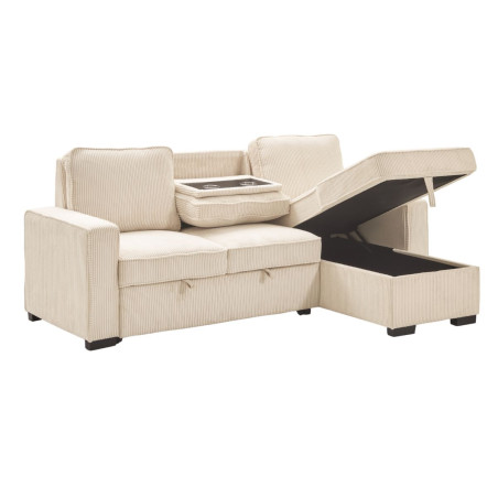 Canapé d'angle droit convertible avec 1 coffre velours côtelé beige - NAPOLINOR