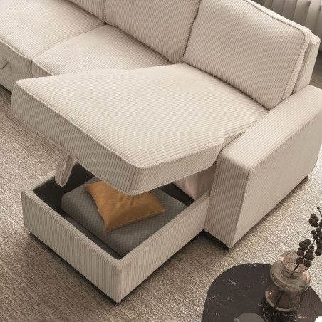 Canapé d'angle droit convertible avec 1 coffre velours côtelé beige - NAPOLINOR