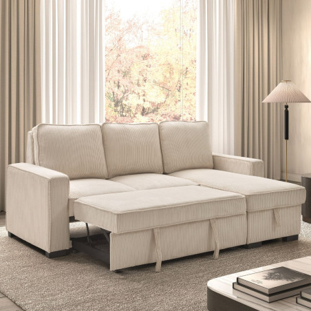 Canapé d'angle droit convertible avec 1 coffre velours côtelé beige - NAPOLINOR