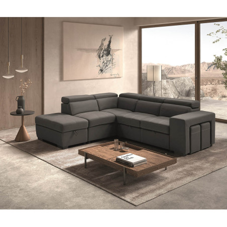 Canapé d'Angle Gauche Convertible 2 Poufs 1 Coffre Gris - FAUNE