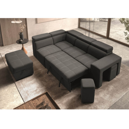 Canapé d'Angle Gauche Convertible 2 Poufs 1 Coffre Gris - FAUNE