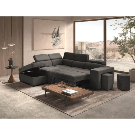 Canapé d'Angle Gauche Convertible 2 Poufs 1 Coffre Gris - FAUNE