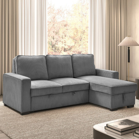 Canapé d'angle droit convertible 1 coffre velours côtelé gris - NAPOLINOR