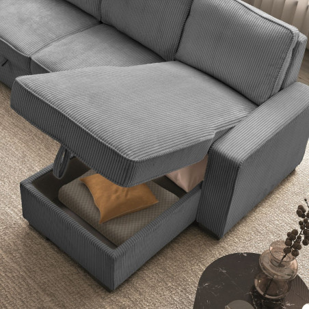 Canapé d'angle droit convertible 1 coffre velours côtelé gris - NAPOLINOR