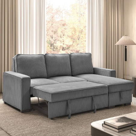 Canapé d'angle droit convertible 1 coffre velours côtelé gris - NAPOLINOR