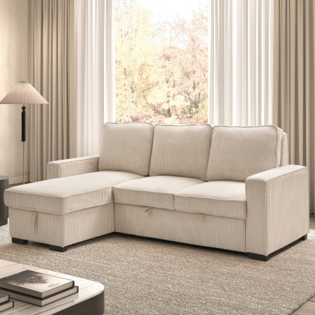 Canapé d'angle gauche convertible avec coffre en velours côtelé beige - NAPOLINOR
