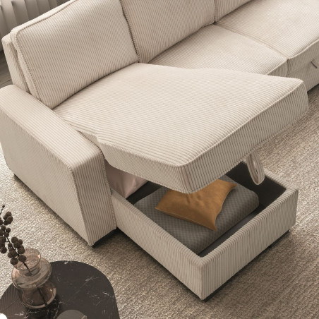 Canapé d'angle gauche convertible avec coffre en velours côtelé beige - NAPOLINOR